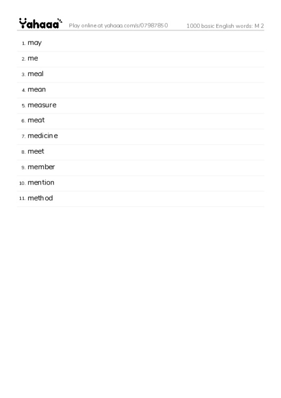 1000 basic English words: M 2 PDF words glossary