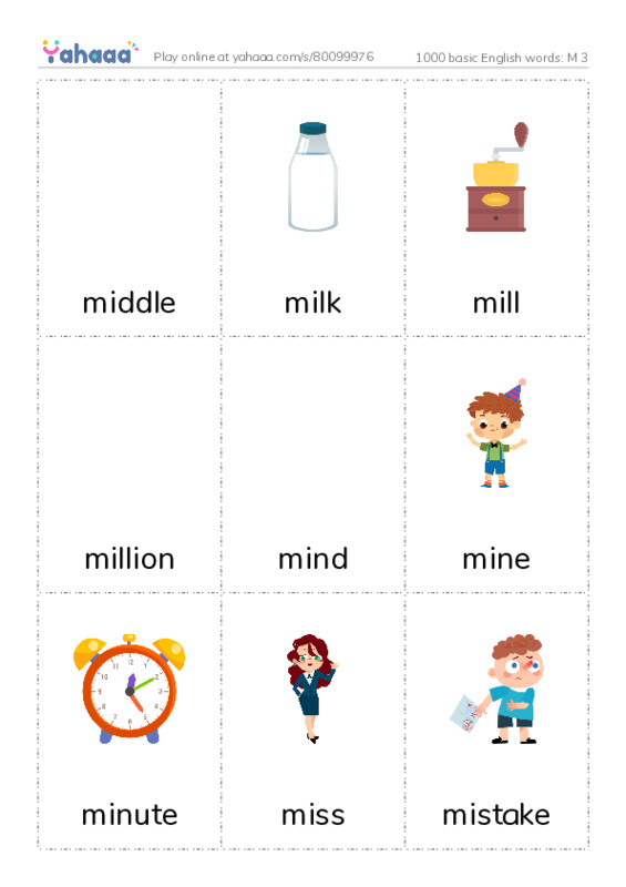 1000 basic English words: M 3 PDF flaschards with images