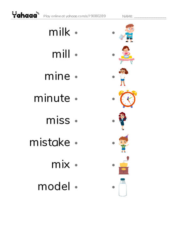 1000 basic English words: M 3 PDF link match words worksheet