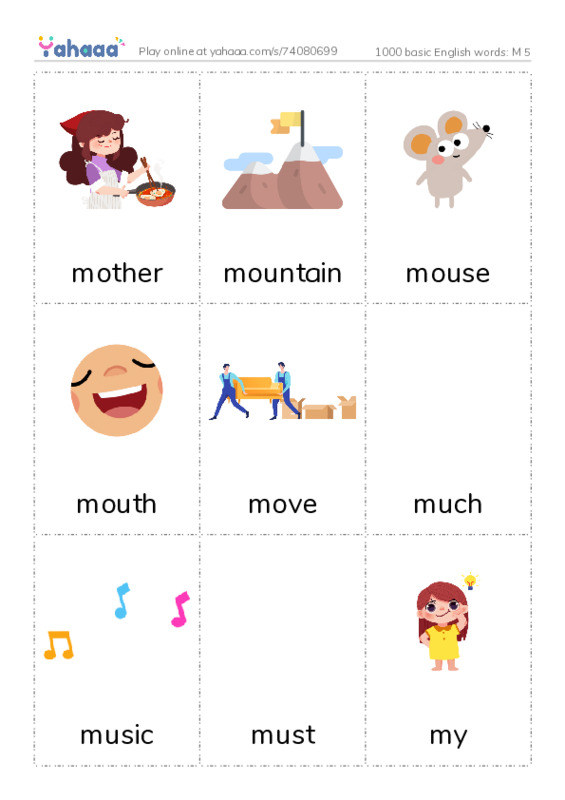 1000 basic English words: M 5 PDF flaschards with images