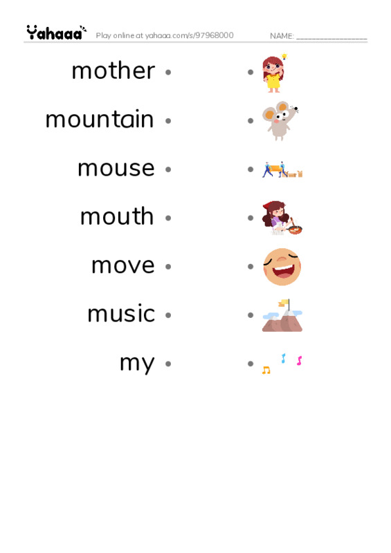 1000 basic English words: M 5 PDF link match words worksheet