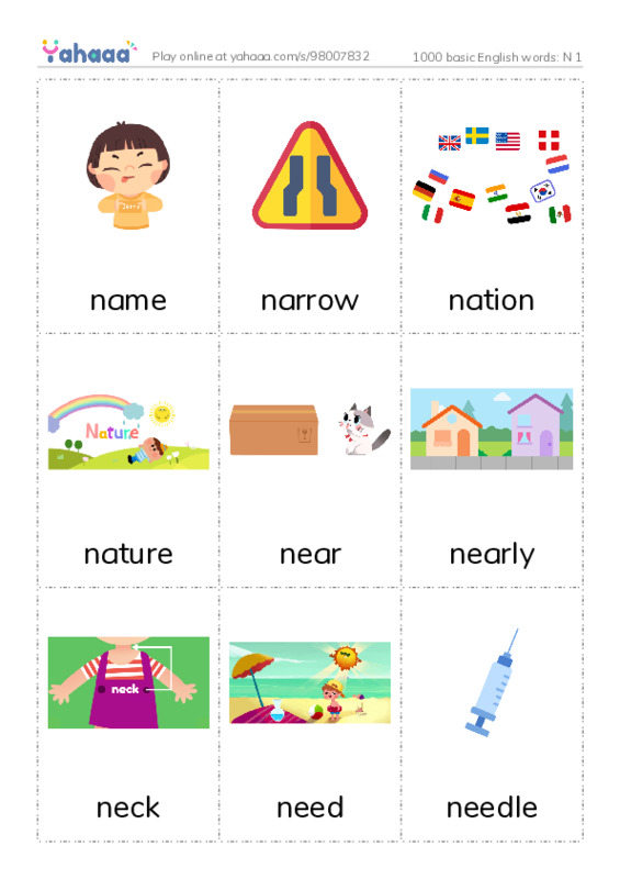 1000 basic English words: N 1 PDF flaschards with images