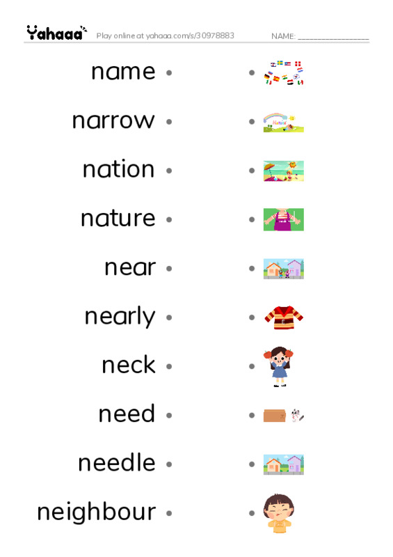 1000 basic English words: N 1 PDF link match words worksheet