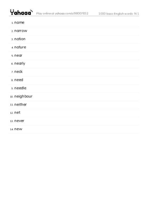 1000 basic English words: N 1 PDF words glossary