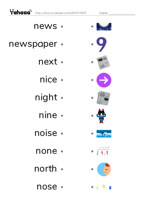 1000 basic English words: N 2 PDF link match words worksheet