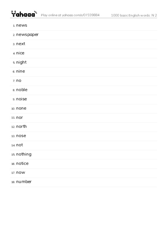 1000 basic English words: N 2 PDF words glossary