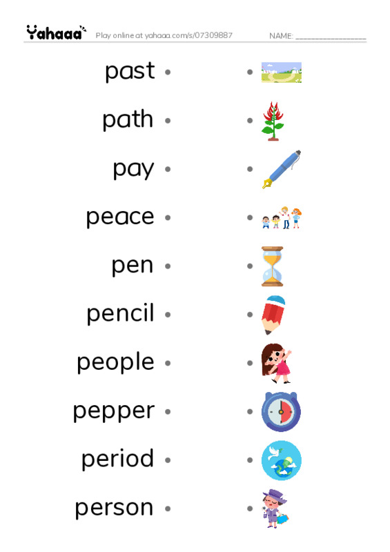 1000 basic English words: P 2 PDF link match words worksheet