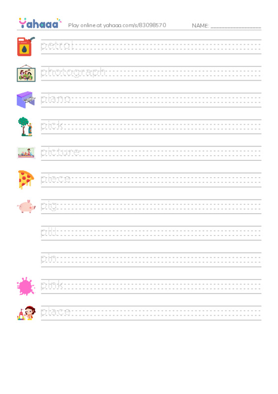 1000 basic English words: P 3 PDF write between the lines worksheet