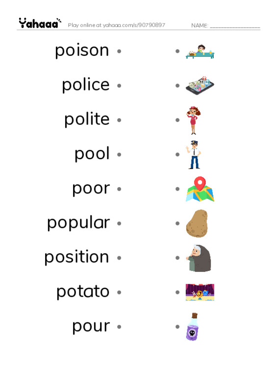 1000 basic English words: P 5 PDF link match words worksheet