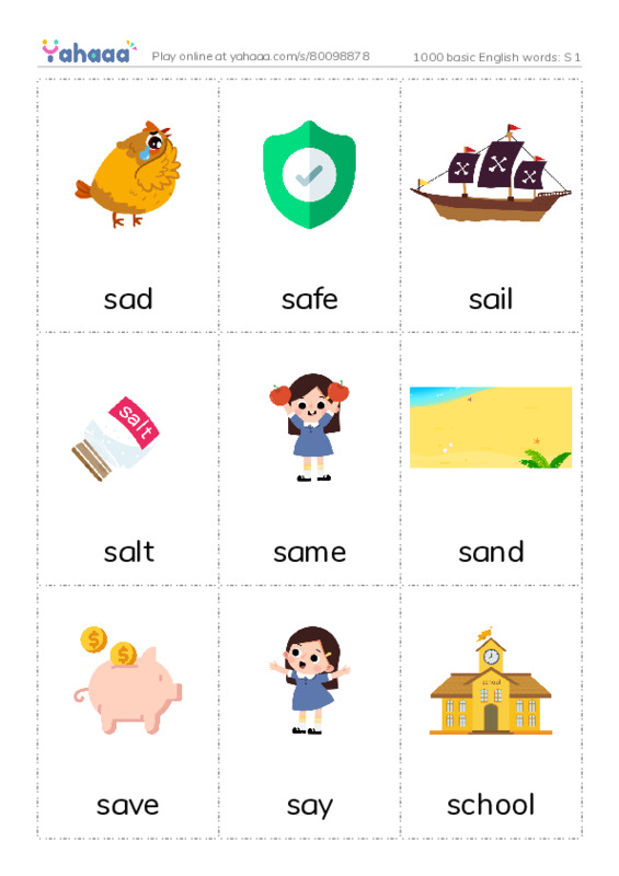 1000 basic English words: S 1 PDF flaschards with images