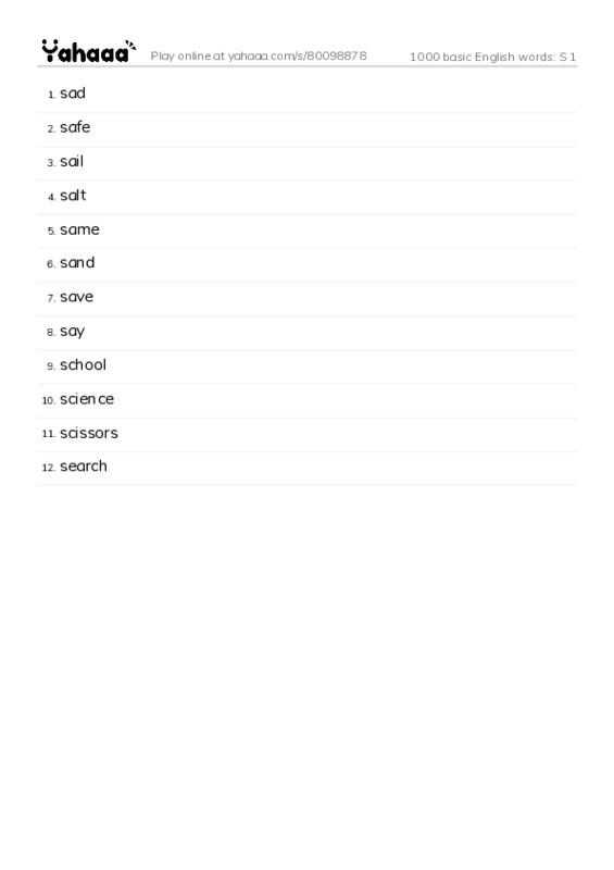 1000 basic English words: S 1 PDF words glossary