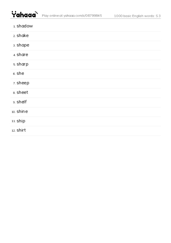 1000 basic English words: S 3 PDF words glossary