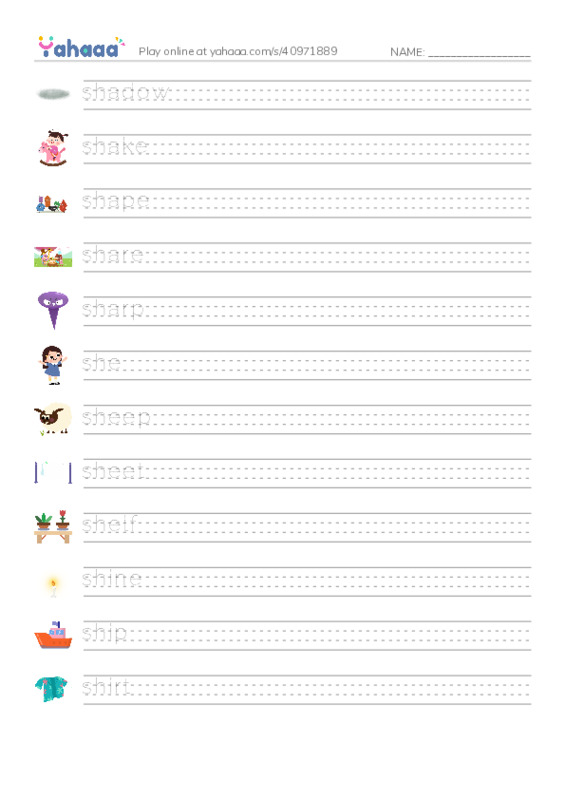 1000 basic English words: S 3 PDF write between the lines worksheet