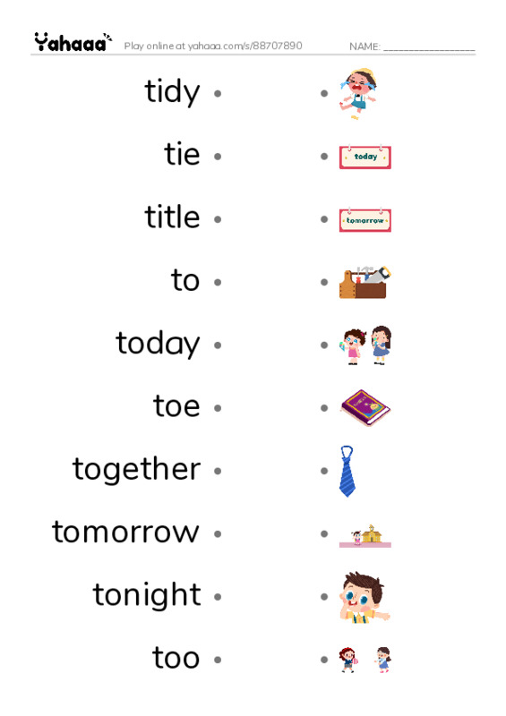 1000 basic English words: T 4 PDF link match words worksheet