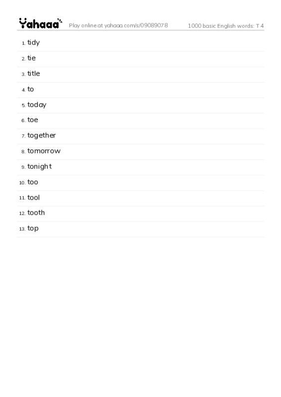 1000 basic English words: T 4 PDF words glossary