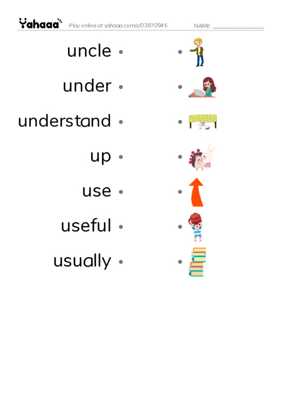 1000 basic English words: U PDF link match words worksheet