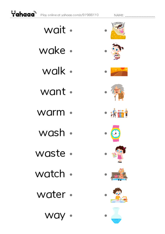 1000 basic English words: W 1 PDF link match words worksheet
