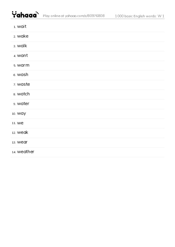 1000 basic English words: W 1 PDF words glossary