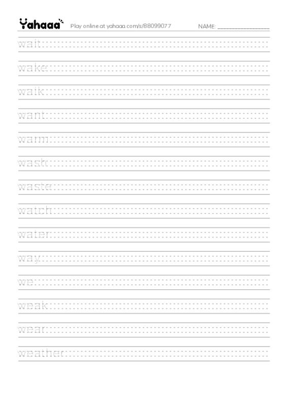 1000 basic English words: W 1 PDF write between the lines worksheet