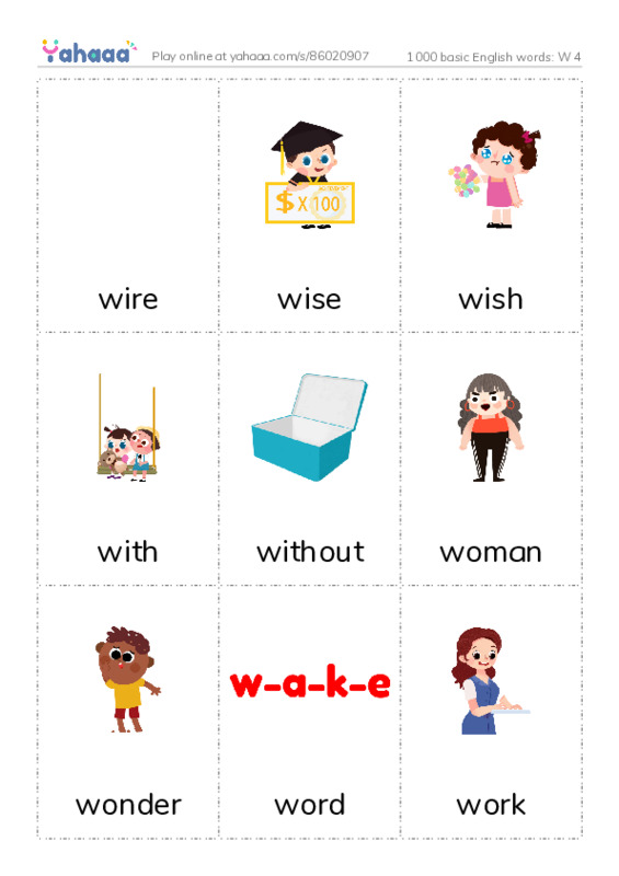 1000 basic English words: W 4 PDF flaschards with images