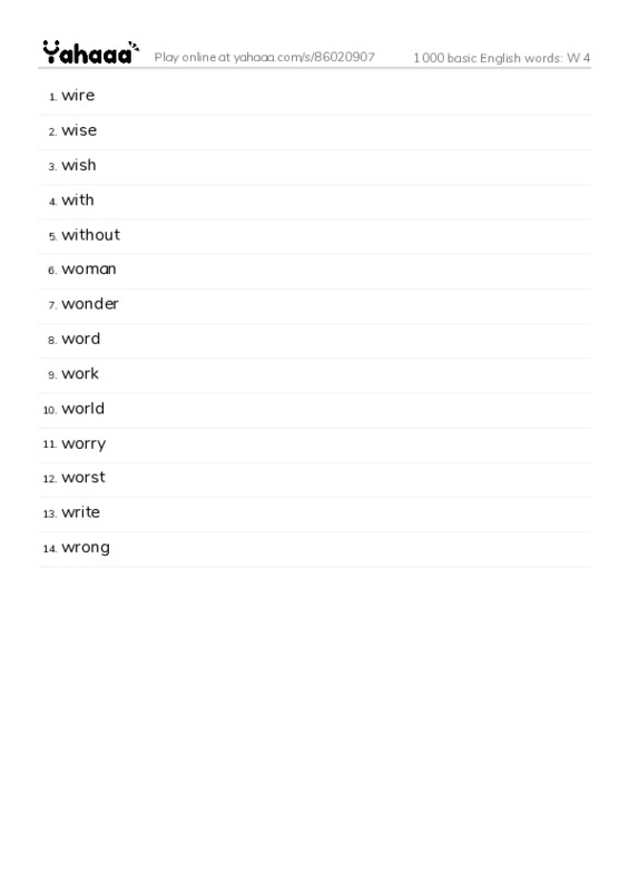 1000 basic English words: W 4 PDF words glossary