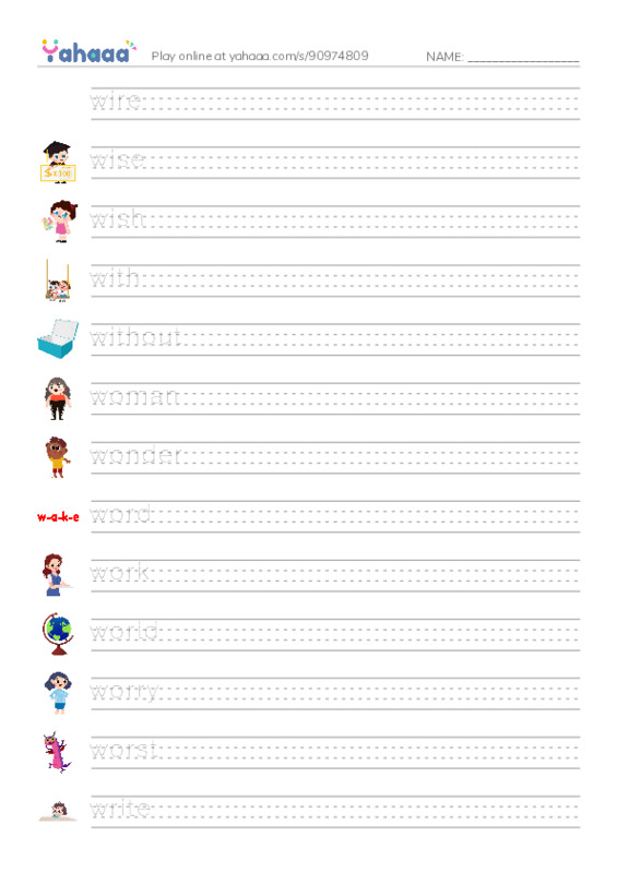 1000 basic English words: W 4 PDF write between the lines worksheet