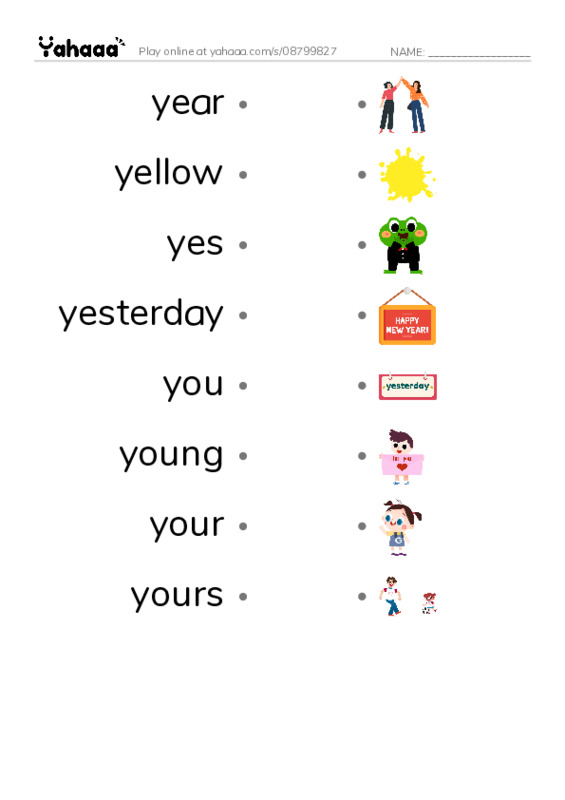 1000 basic English words: Y PDF link match words worksheet