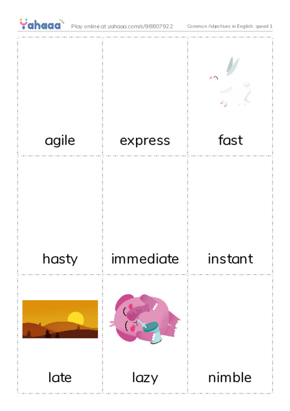 Common Adjectives in English: speed 1 PDF flaschards with images