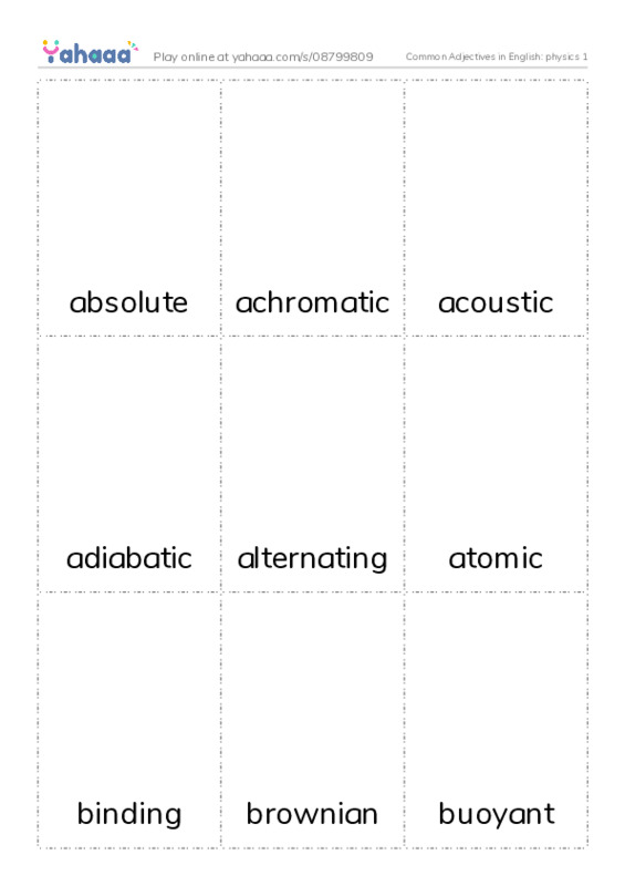 Common Adjectives in English: physics 1 PDF flaschards with images