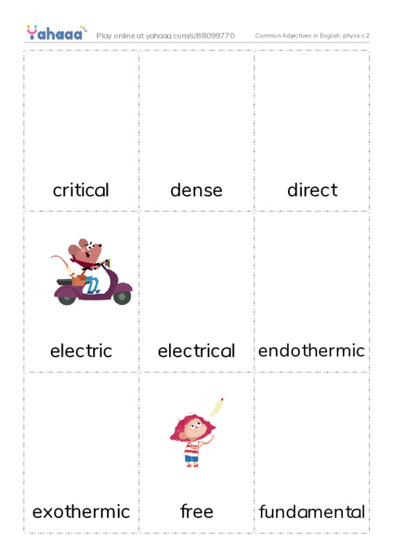 Common Adjectives in English: physics 2 PDF flaschards with images