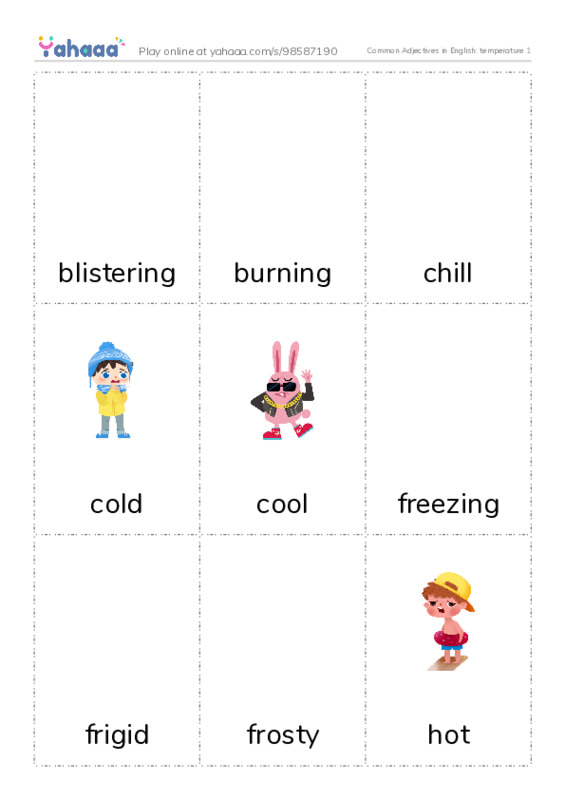 Common Adjectives in English: temperature 1 PDF flaschards with images