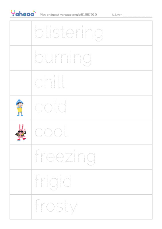 Common Adjectives in English: temperature 1 PDF one column image words