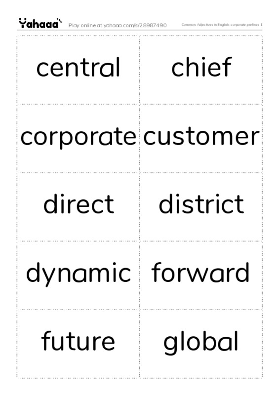 Common Adjectives in English: corporate prefixes 1 PDF two columns flashcards