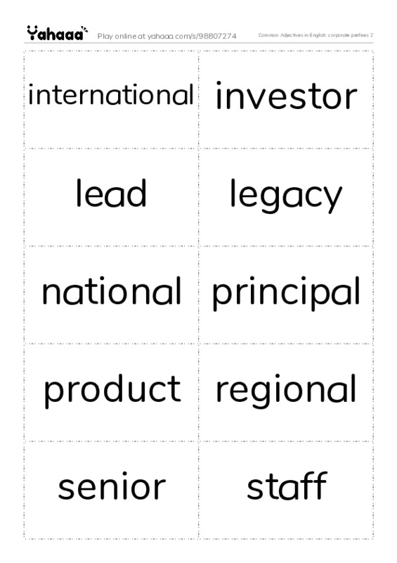Common Adjectives in English: corporate prefixes 2 PDF two columns flashcards