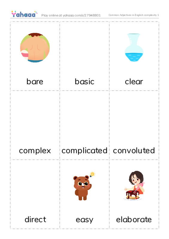 Common Adjectives in English: complexity 1 PDF flaschards with images