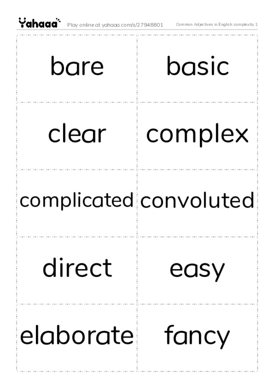 Common Adjectives in English: complexity 1 PDF two columns flashcards