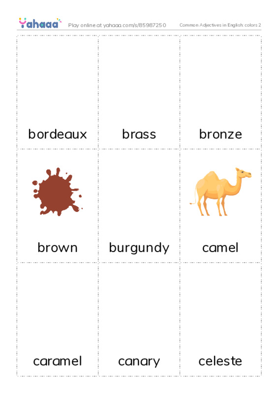 Common Adjectives in English: colors 2 PDF flaschards with images