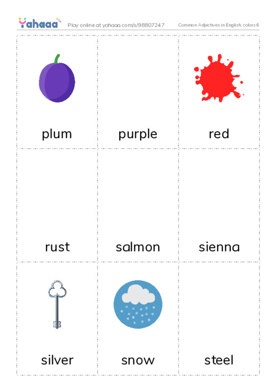 Common Adjectives in English: colors 6 PDF flaschards with images