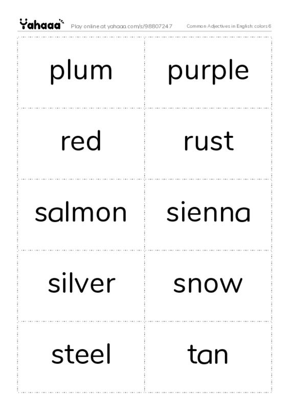 Common Adjectives in English: colors 6 PDF two columns flashcards