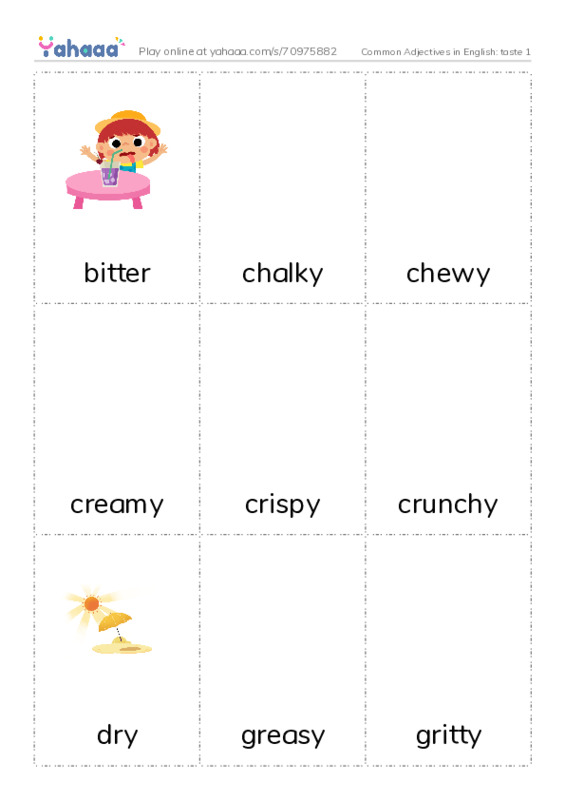 Common Adjectives in English: taste 1 PDF flaschards with images
