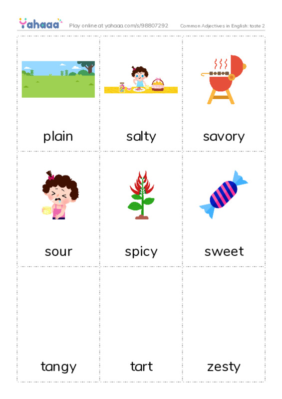 Common Adjectives in English: taste 2 PDF flaschards with images