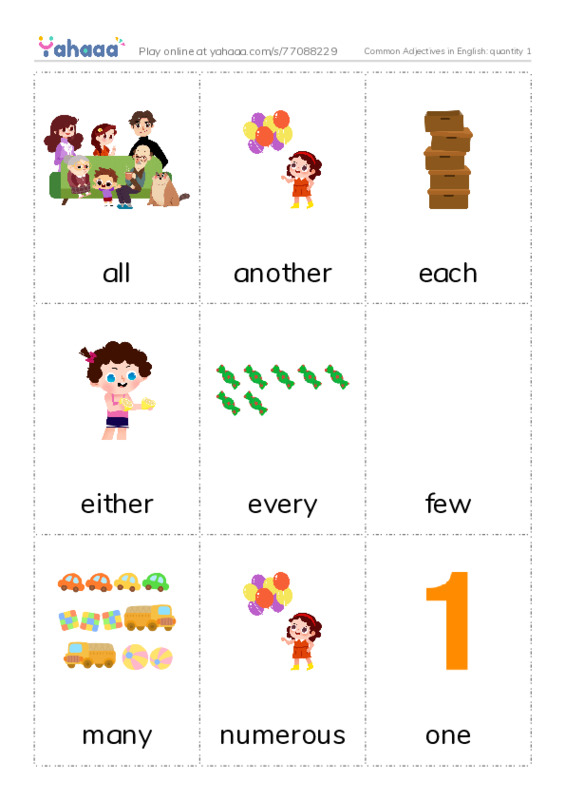 Common Adjectives in English: quantity 1 PDF flaschards with images