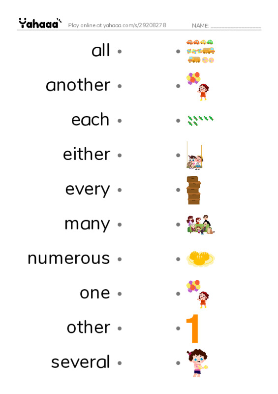 Common Adjectives in English: quantity 1 PDF link match words worksheet