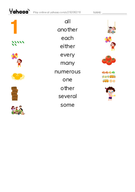 Common Adjectives in English: quantity 1 PDF three columns match words