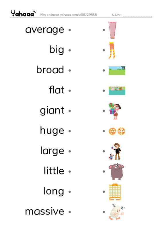 Common Adjectives in English: size 1 PDF link match words worksheet