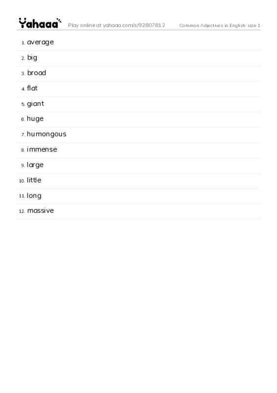 Common Adjectives in English: size 1 PDF words glossary