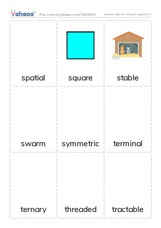 Common Adjectives in English: algorithms 9 PDF flaschards with images