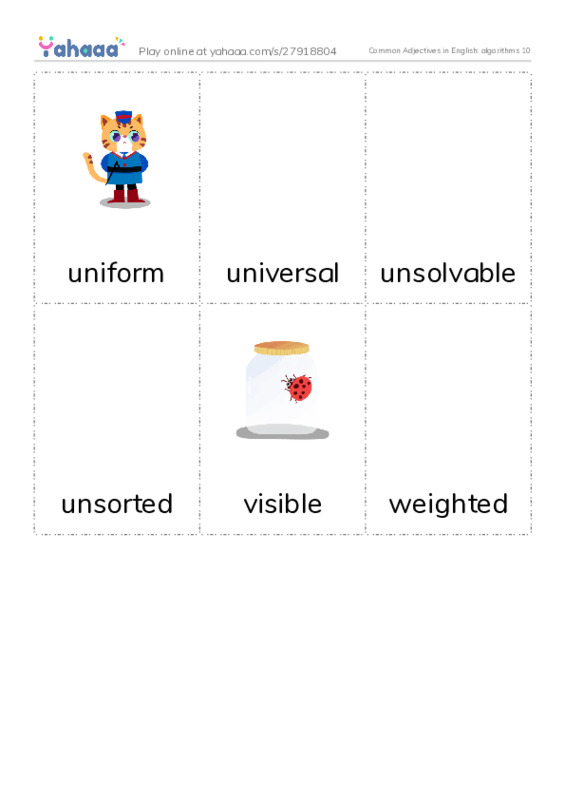 Common Adjectives in English: algorithms 10 PDF flaschards with images