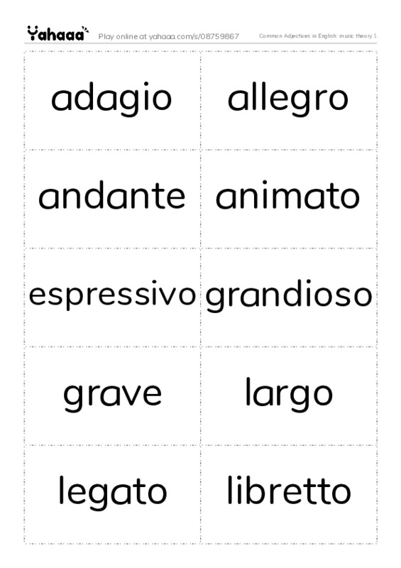 Common Adjectives in English: music theory 1 PDF two columns flashcards