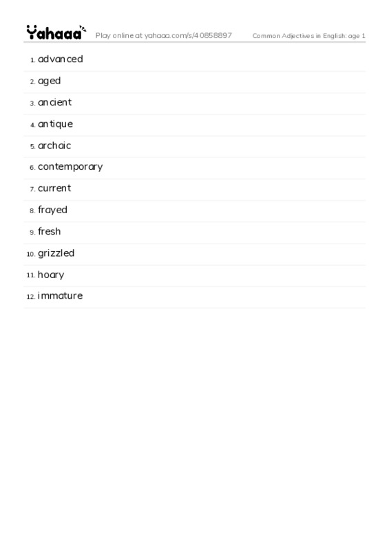 Common Adjectives in English: age 1 PDF words glossary